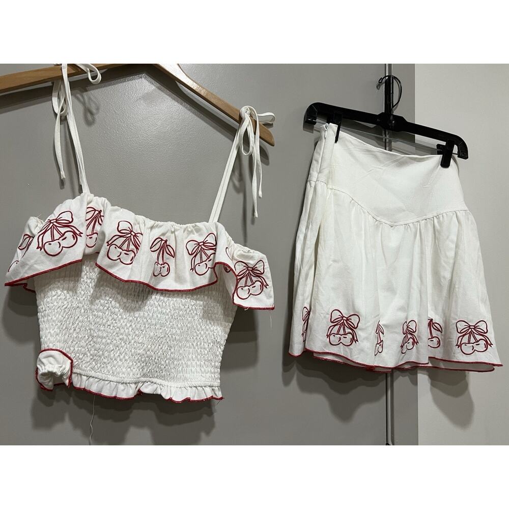 NWT Thirty/Thirty LA White Red Cherry Print Linen Blend 2 Piece skirt Set Size L